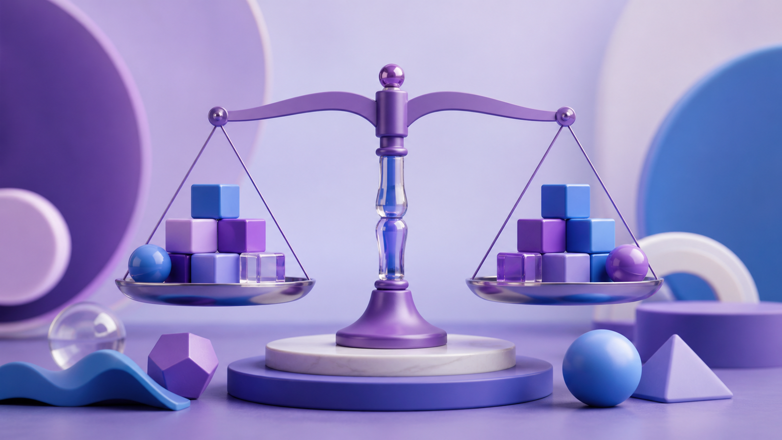 Ilustrasi 3D neraca algebra yang seimbang dengan blok pada kedua-dua sisi