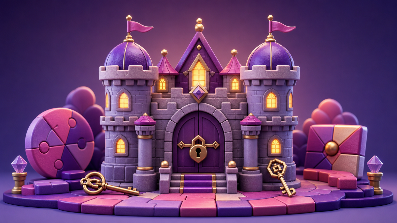 Ilustrasi 3D istana teka-teki berkunci untuk Castle of Arithmos