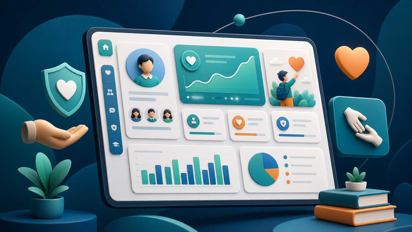 Ilustrasi 3D dashboard kebajikan murid dengan kad sokongan, ikon hati dan perlindungan