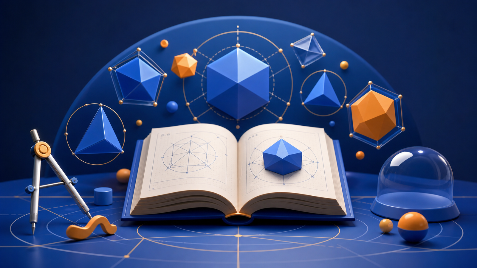 Ilustrasi 3D buku geometri dengan pelbagai bentuk poligon untuk Polydex